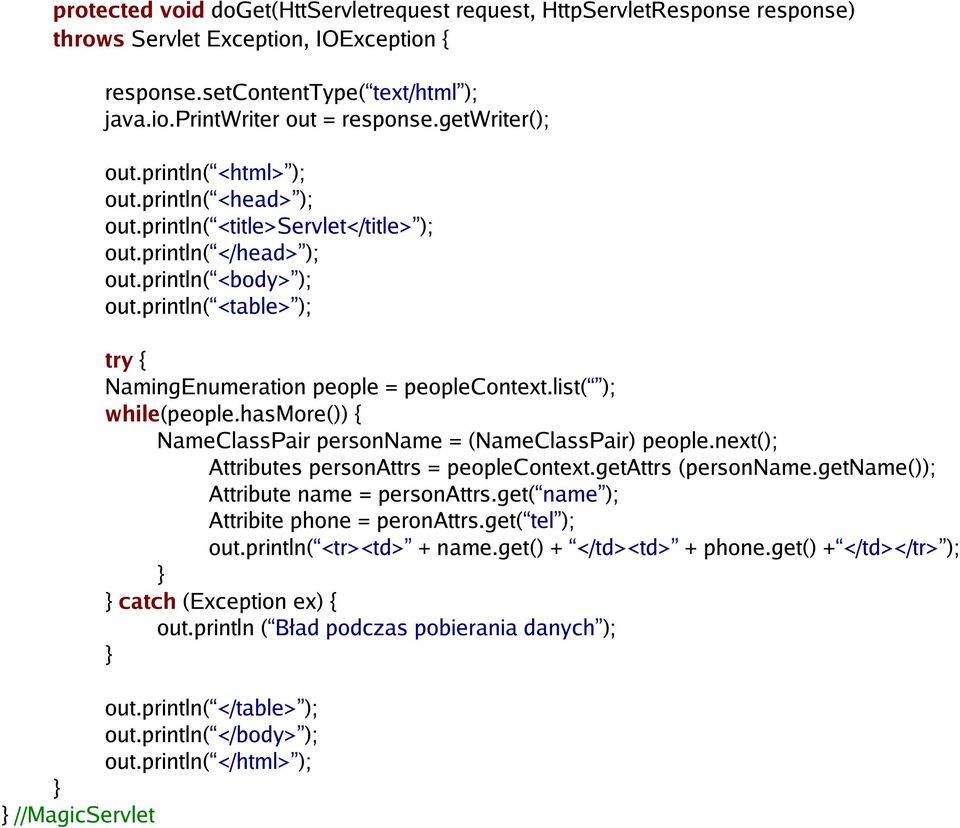 println( <table> ); try { NamingEnumeration people = peoplecontext.list( ); while(people.hasmore()) { NameClassPair personname = (NameClassPair) people.next(); Attributes personattrs = peoplecontext.