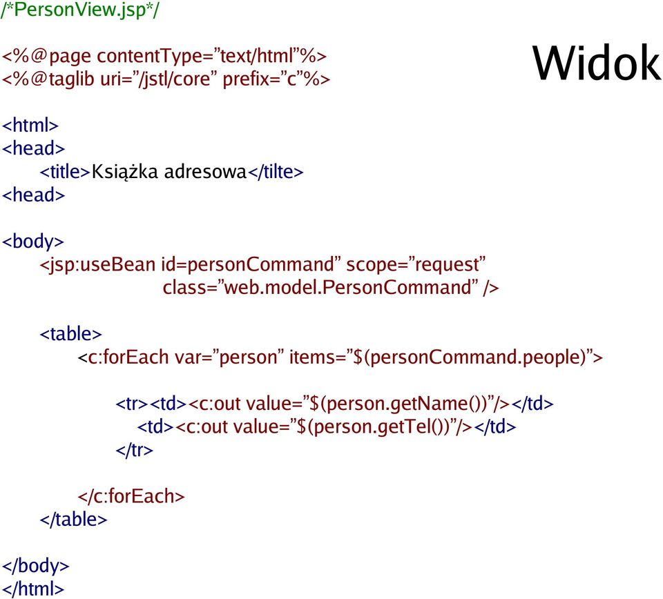 <title>książka adresowa</tilte> <head> <body> <jsp:usebean id=personcommand scope= request class= web.model.