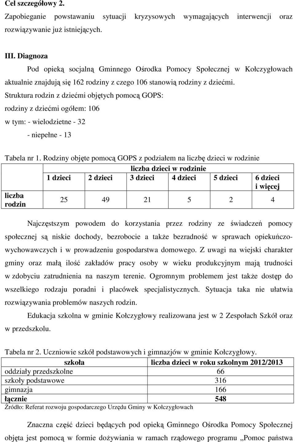 Struktura rodzin z dziećmi objętych pomocą GOPS: rodziny z dziećmi ogółem: 106 w tym: - wielodzietne - 32 - niepełne - 13 Tabela nr 1.