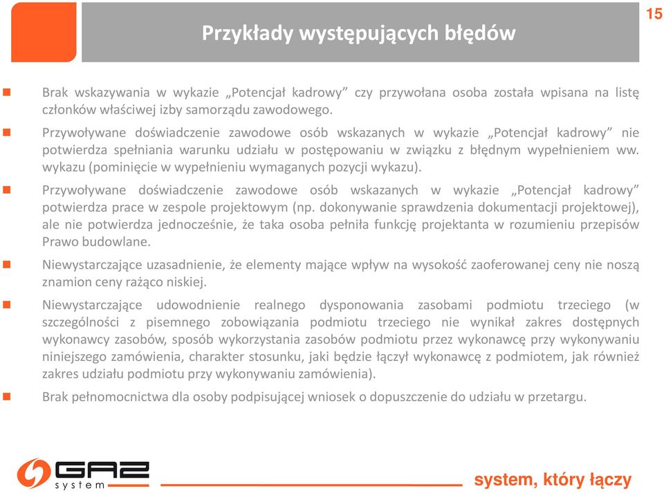wykazu (pominięcie w wypełnieniu wymaganych pozycji wykazu). Przywoływane doświadczenie zawodowe osób wskazanych w wykazie Potencjał kadrowy potwierdza prace w zespole projektowym (np.