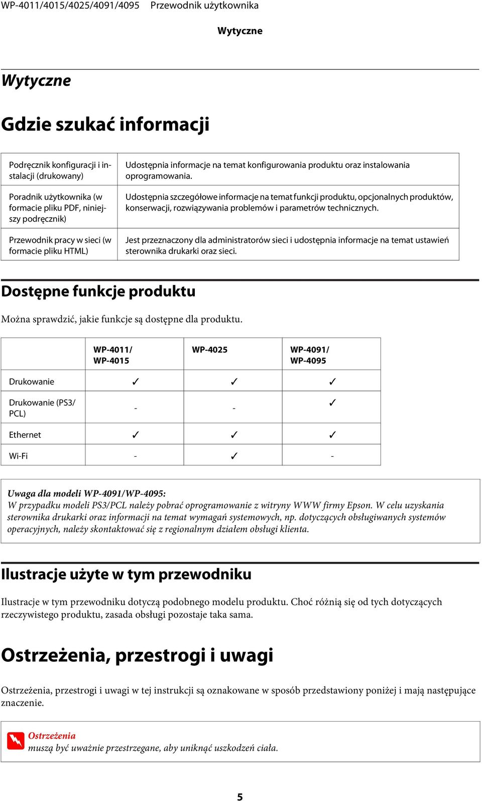Udostępnia szczegółowe informacje na temat funkcji produktu, opcjonalnych produktów, konserwacji, rozwiązywania problemów i parametrów technicznych.
