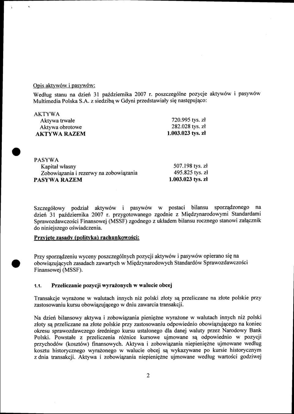 zl PASYWA Kapital wlasny Zobowiqzania i rezerwy na zobowiqzania PASYWA RAZEM 507.198 tys. zl 495.825 tys. z\ 1.003.023 tys.