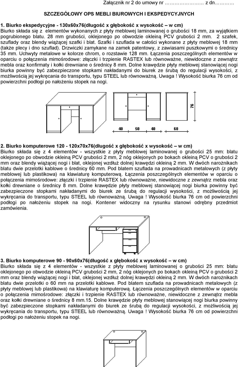 28 mm grubości, oklejonego po obwodzie okleiną PCV grubości 2 mm. 2 szafek, szuflady oraz blendy wiążącej szafki i blat.