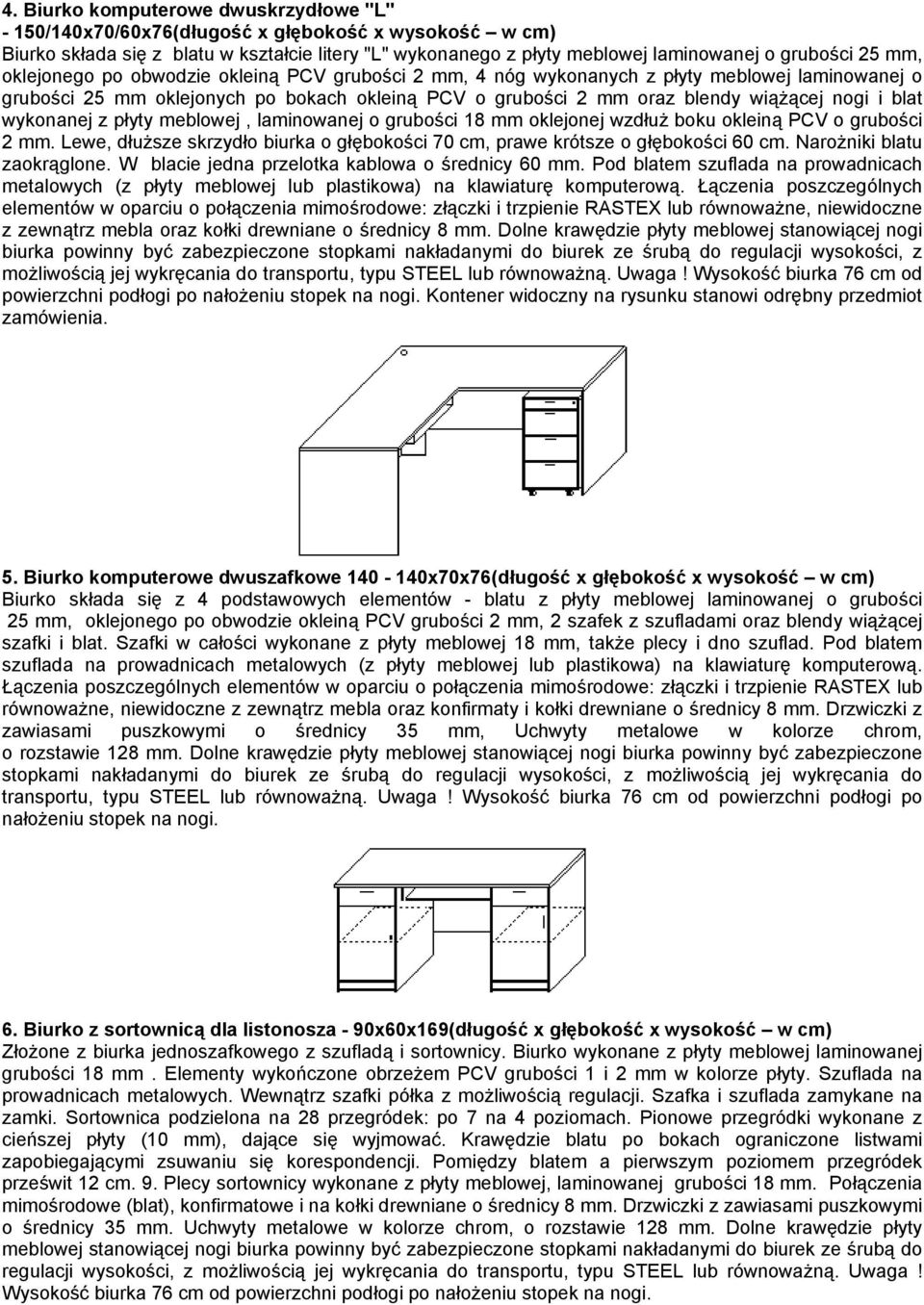 wykonanej z płyty meblowej, laminowanej o grubości 18 mm oklejonej wzdłuż boku okleiną PCV o grubości 2 mm. Lewe, dłuższe skrzydło biurka o głębokości 70 cm, prawe krótsze o głębokości 60 cm.