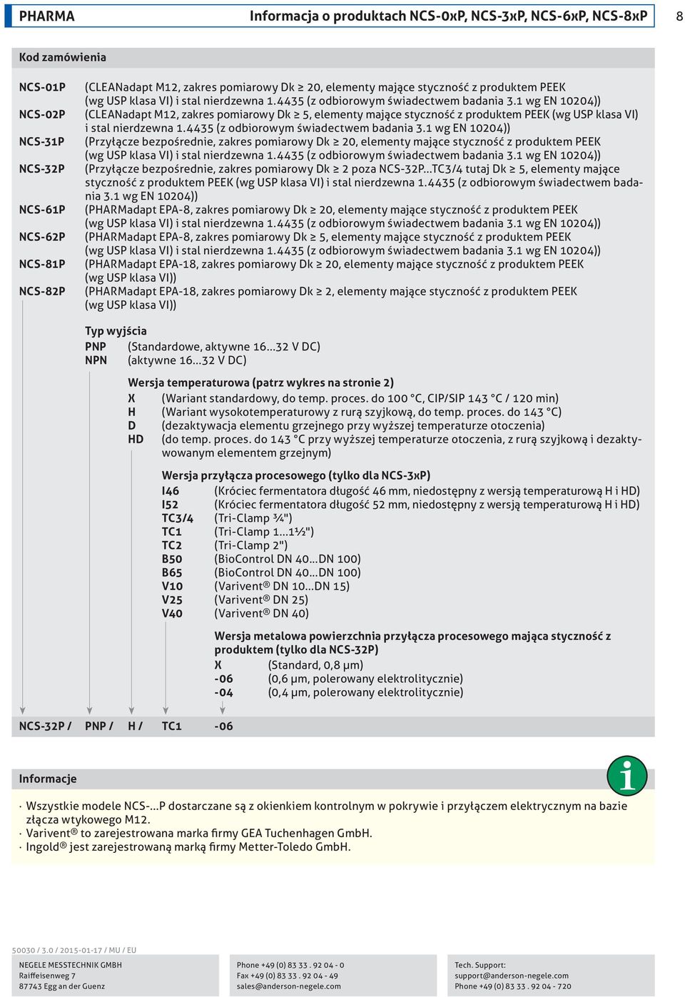 1 wg EN 10204)) (CLEANadapt M12, zakres pomiarowy Dk 5, elementy 1 wg EN 10204)) (Przyłącze bezpośrednie, zakres pomiarowy Dk 20, elementy 1 wg EN 10204)) (Przyłącze bezpośrednie, zakres pomiarowy Dk