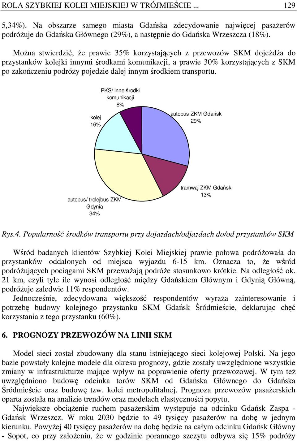 MoŜna stwierdzić, Ŝe prawie 35% korzystających z przewozów SKM dojeŝdŝa do przystanków kolejki innymi środkami komunikacji, a prawie 30% korzystających z SKM po zakończeniu podróŝy pojedzie dalej