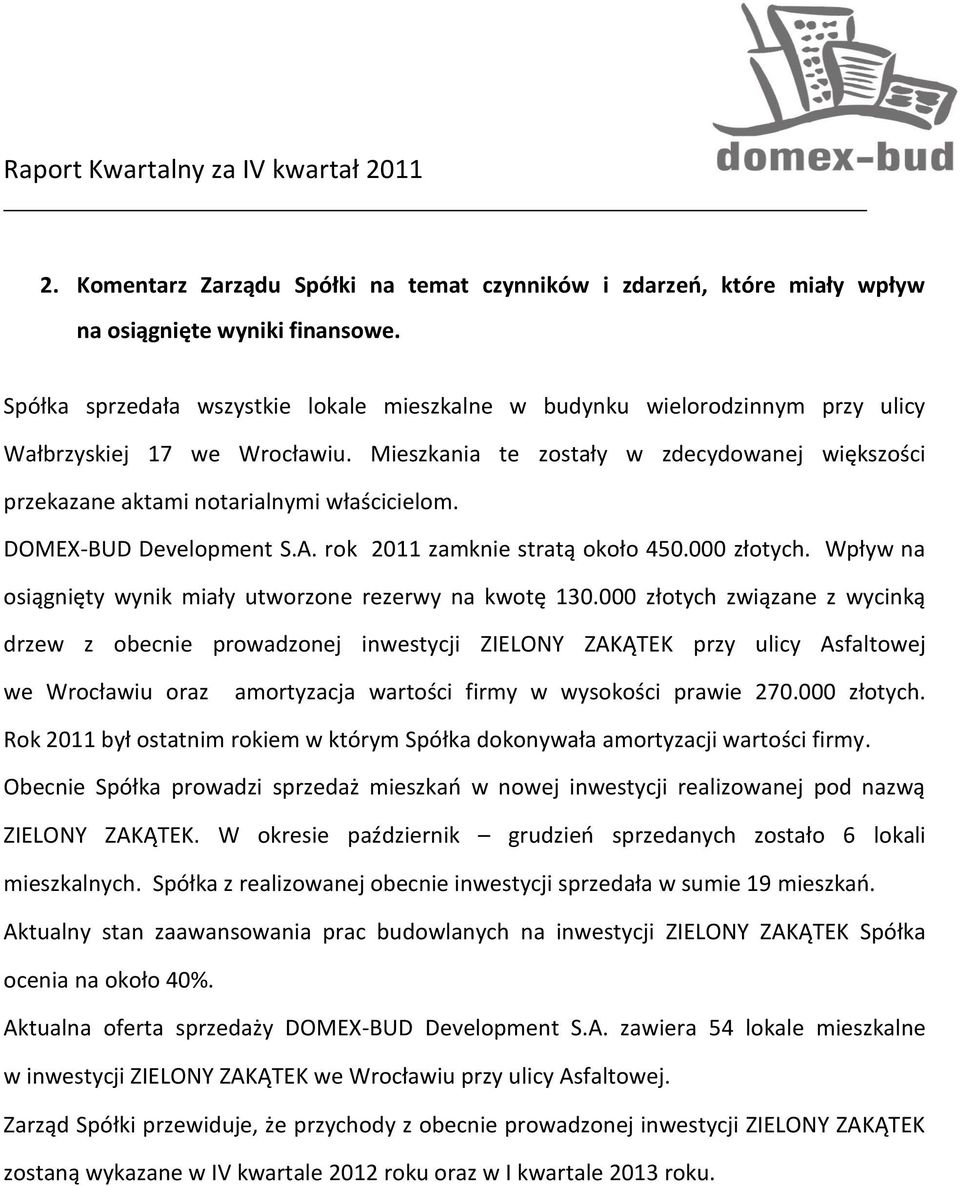 Mieszkania te zostały w zdecydowanej większości przekazane aktami notarialnymi właścicielom. DOMEX-BUD Development S.A. rok 2011 zamknie stratą około 450.000 złotych.