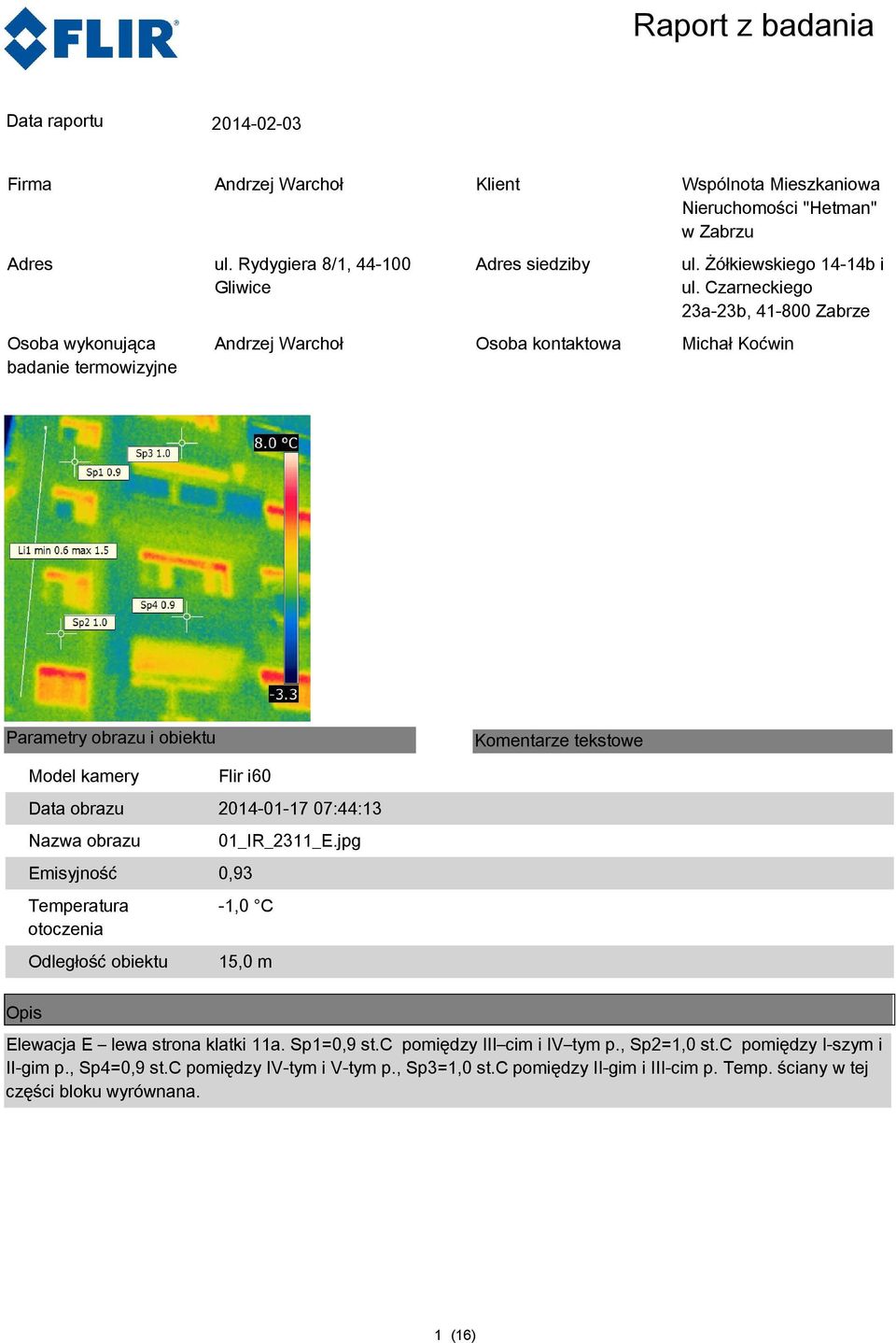 c pomiędzy I-szym i II-gim p., Sp4=0,9 st.c pomiędzy IV-tym i V-tym p.