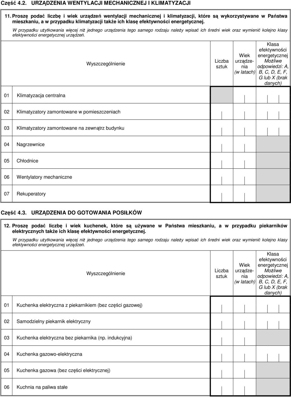 W przypadku użytkowania więcej niż jednego urządzenia tego samego rodzaju należy wpisać ich średni wiek oraz wymienić kolejno klasy efektywności energetycznej urządzeń.