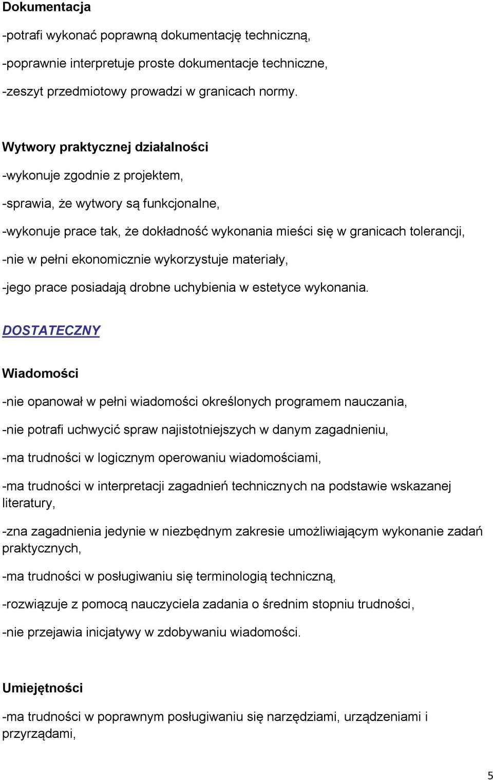 ekonomicznie wykorzystuje materiały, -jego prace posiadają drobne uchybienia w estetyce wykonania.