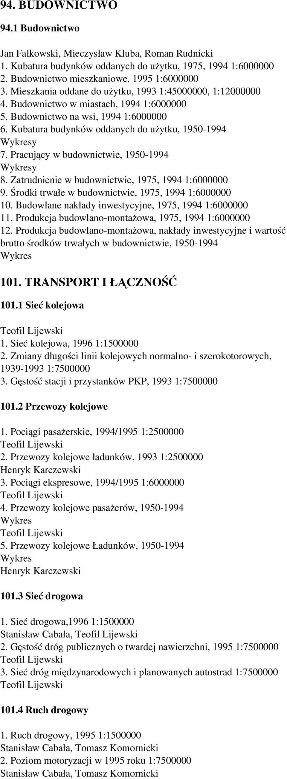 Pracujący w budownictwie, 1950-1994 y 8. Zatrudnienie w budownictwie, 1975, 1994 1:6000000 9. Środki trwałe w budownictwie, 1975, 1994 1:6000000 10.