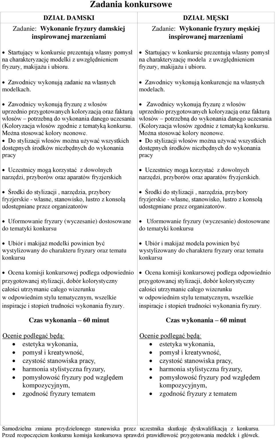 Startujący w konkursie prezentują własny pomysł na charakteryzację modela z uwzględnieniem fryzury, makijażu i ubioru. Zawodnicy wykonują konkurencje na własnych modelach.