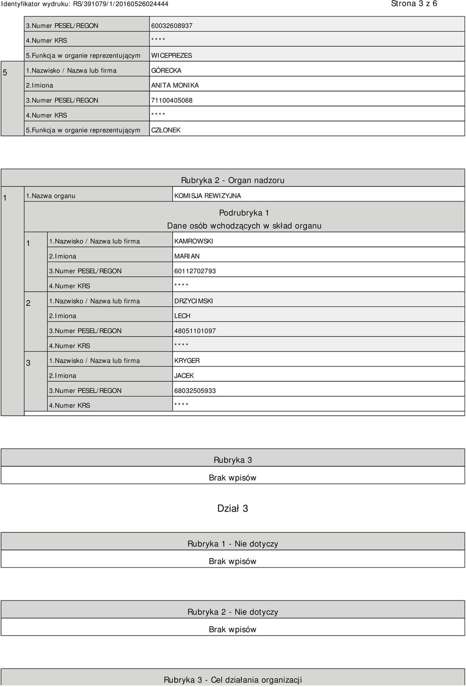 Nazwa organu KOMISJA REWIZYJNA Podrubryka 1 Dane osób wchodzących w skład organu 1 1.Nazwisko / Nazwa lub firma KAMROWSKI MARIAN 3.