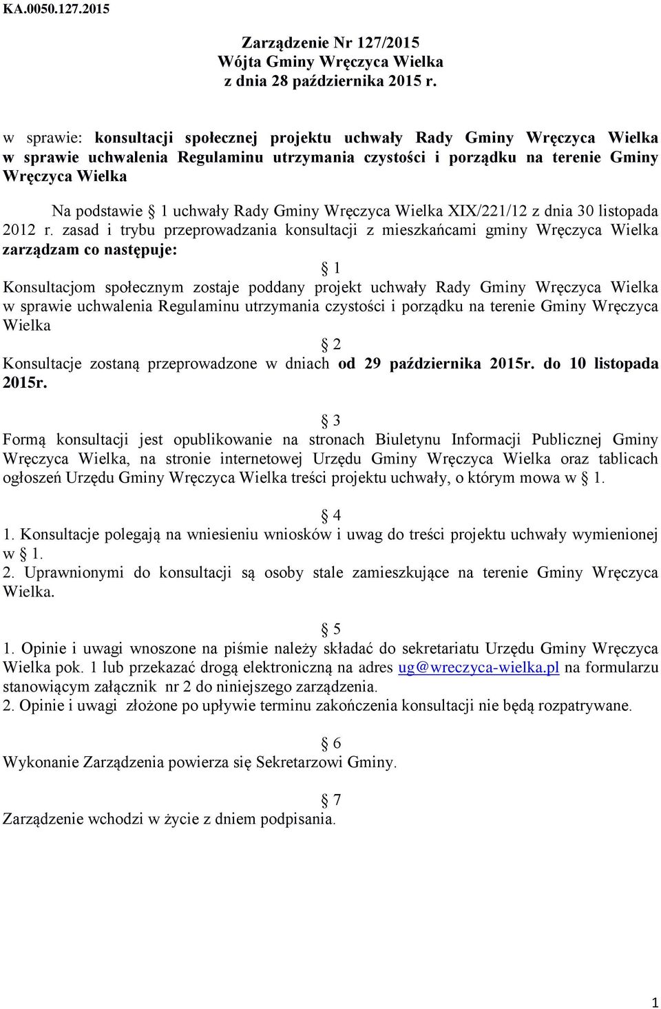 Rady Gminy Wręczyca Wielka XIX/221/12 z dnia 30 listopada 2012 r.