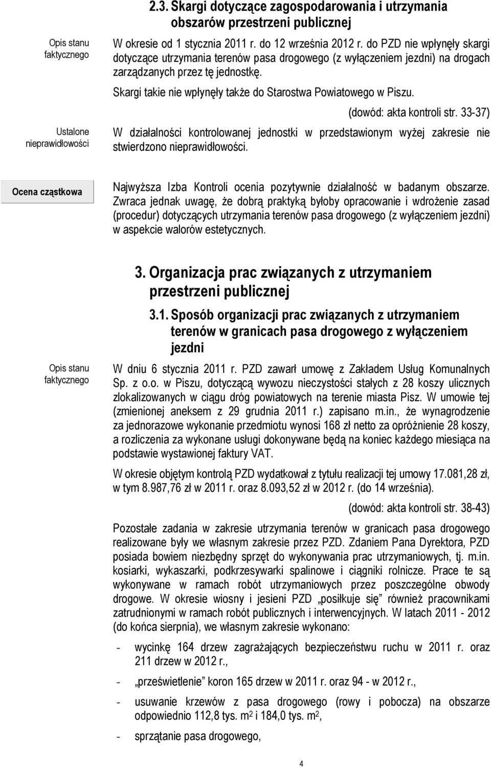 Skargi takie nie wpłynęły także do Starostwa Powiatowego w Piszu. (dowód: akta kontroli str. 33-37) Ocena cząstkowa Najwyższa Izba Kontroli ocenia pozytywnie działalność w badanym obszarze.