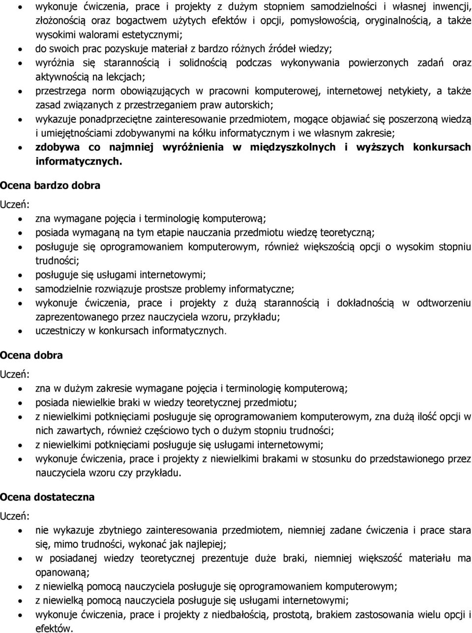 przestrzega norm obowiązujących w pracowni komputerowej, internetowej netykiety, a także zasad związanych z przestrzeganiem praw autorskich; wykazuje ponadprzeciętne zainteresowanie przedmiotem,