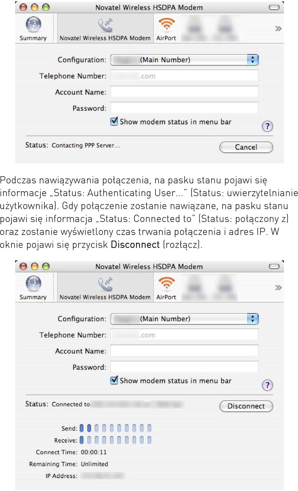 Gdy połączenie zostanie nawiązane, na pasku stanu pojawi się informacja Status: Connected