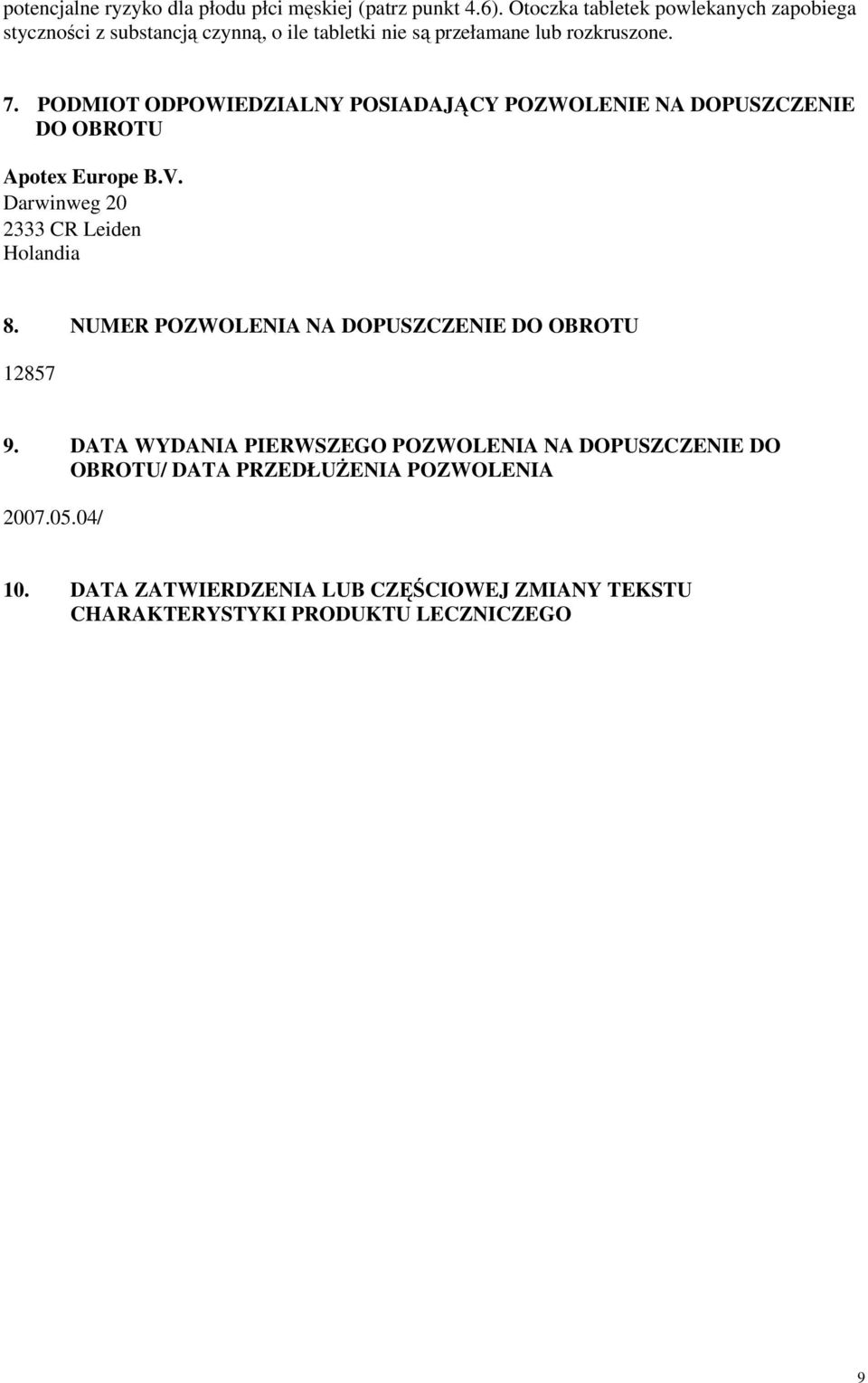 PODMIOT ODPOWIEDZIALNY POSIADAJĄCY POZWOLENIE NA DOPUSZCZENIE DO OBROTU Apotex Europe B.V. Darwinweg 20 2333 CR Leiden Holandia 8.