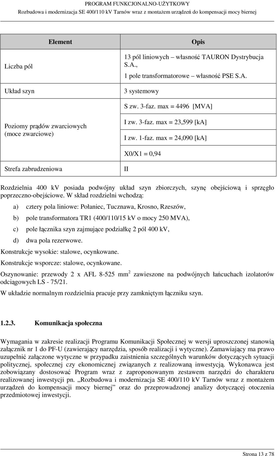 max = 24,090 [ka] X0/X1 = 0,94 Strefa zabrudzeniowa II Rozdzielnia 400 kv posiada podwójny układ szyn zbiorczych, szynę obejściową i sprzęgło poprzeczno-obejściowe.