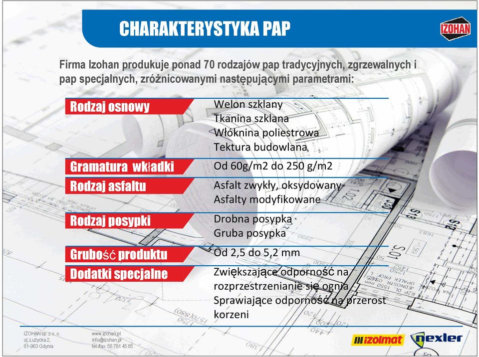 szklany Tkanina szklana Włóknina poliestrowa Tektura budowlana Od 60g/m do 0 g/m Asfalt zwykły, oksydowany Asfalty modyfikowane