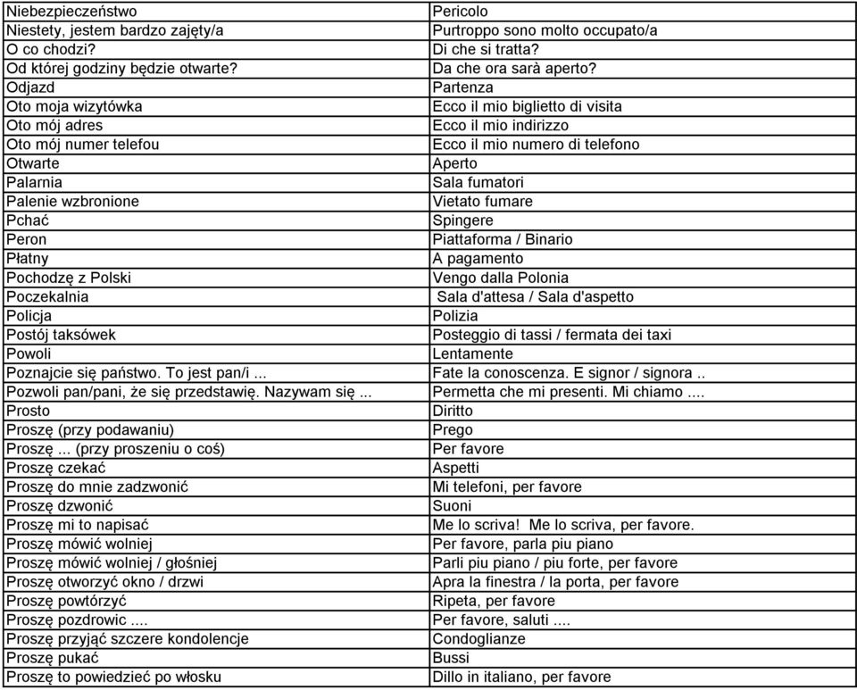 Palenie wzbronione Vietato fumare Pchać Spingere Peron Piattaforma / Binario Płatny A pagamento Pochodzę z Polski Vengo dalla Polonia Poczekalnia Sala d'attesa / Sala d'aspetto Policja Polizia Postój