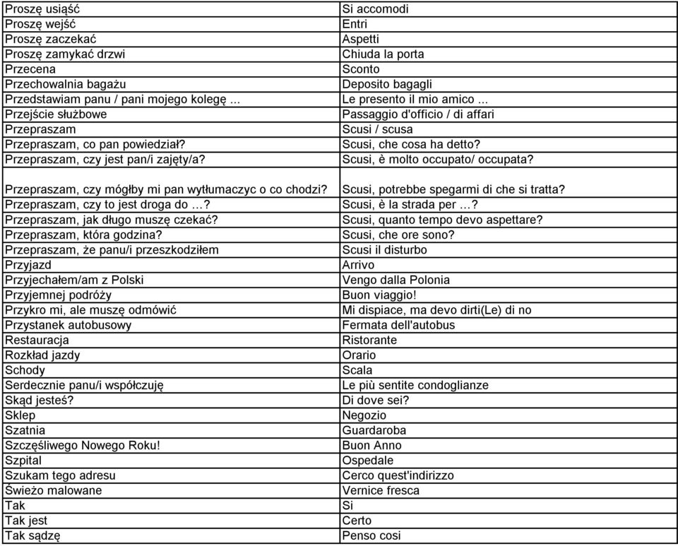 Przepraszam, czy jest pan/i zajęty/a? Scusi, è molto occupato/ occupata? Przepraszam, czy mógłby mi pan wytłumaczyc o co chodzi? Przepraszam, czy to jest droga do? Przepraszam, jak długo muszę czekać?