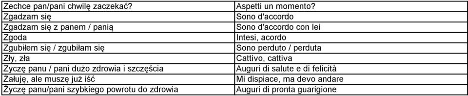 zdrowia i szczęścia Żałuję, ale muszę już iść Życzę panu/pani szybkiego powrotu do zdrowia Aspetti un