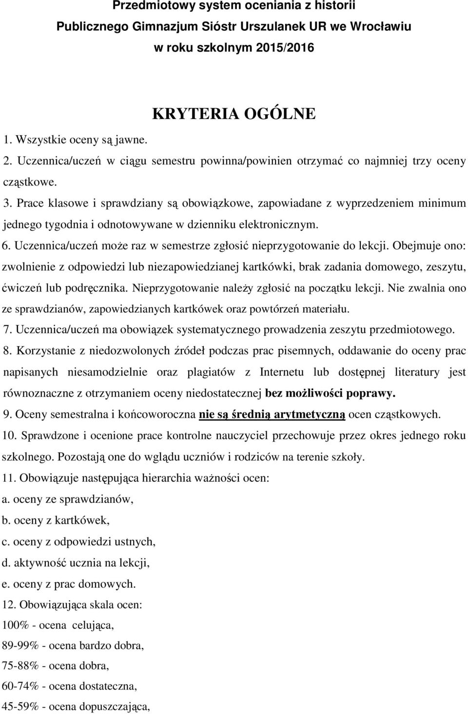 Prace klasowe i sprawdziany są obowiązkowe, zapowiadane z wyprzedzeniem minimum jednego tygodnia i odnotowywane w dzienniku elektronicznym. 6.