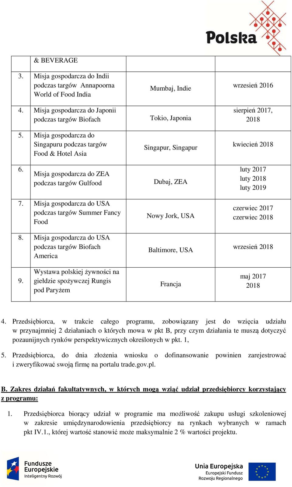 Misja gospodarcza do ZEA podczas targów Gulfood Dubaj, ZEA luty 2017 luty 2018 luty 2019 7. Misja gospodarcza do USA podczas targów Summer Fancy Food 8.