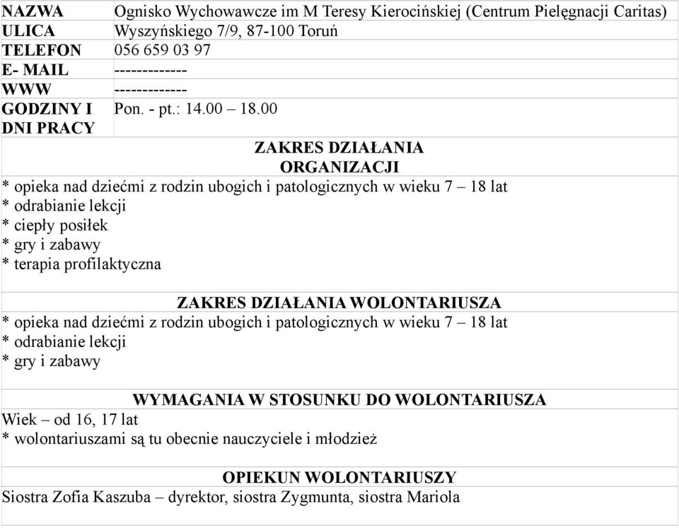 00 * opieka nad dziećmi z rodzin ubogich i patologicznych w wieku 7 18 lat * odrabianie lekcji * ciepły posiłek * gry i zabawy * terapia profilaktyczna