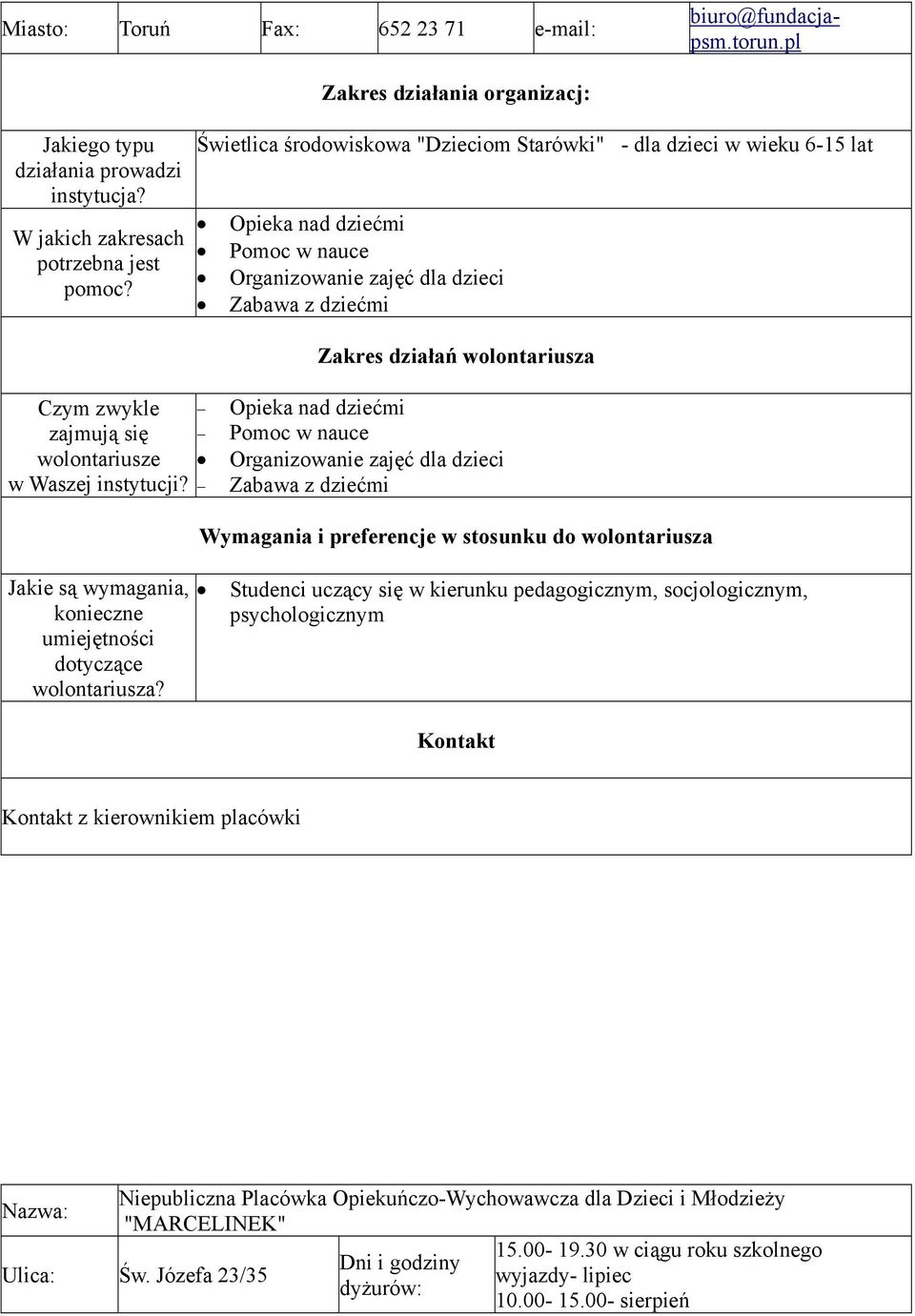 Zakres działania organizacj: Świetlica środowiskowa "Dzieciom Starówki" - dla dzieci w wieku 6-15 lat Opieka nad dziećmi Pomoc w nauce Organizowanie zajęć dla dzieci Zabawa z dziećmi Zakres działań