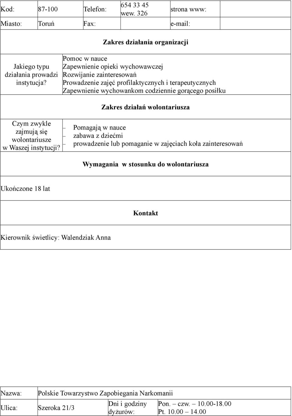 codziennie gorącego posiłku Zakres działań wolontariusza Czym zwykle zajmują się wolontariusze w Waszej instytucji?