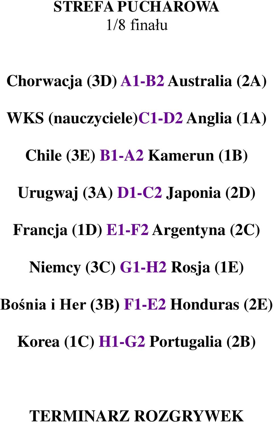 D1-C2 Japonia (2D) Francja (1D) E1-F2 Argentyna (2C) Niemcy (3C) G1-H2 Rosja