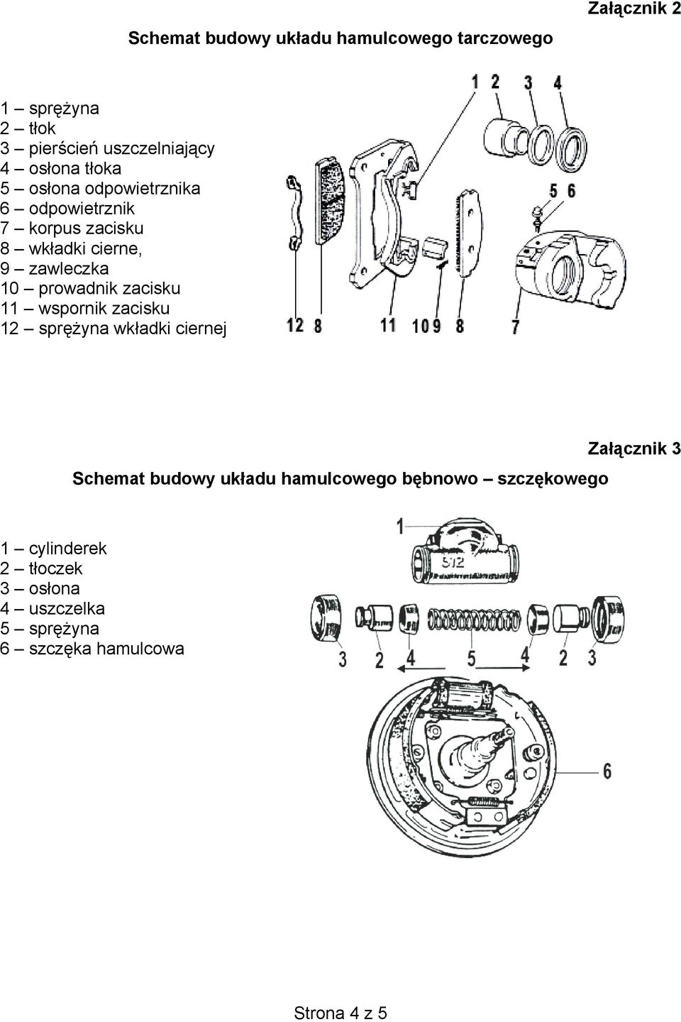 prowadnik zacisku 11 wspornik zacisku 12 sprężyna wkładki ciernej Schemat budowy układu hamulcowego