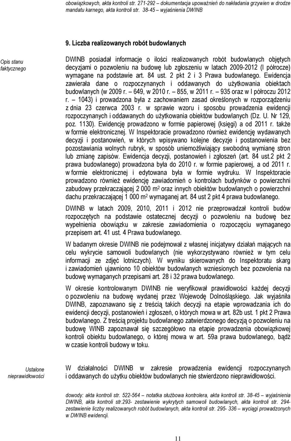 wymagane na podstawie art. 84 ust. 2 pkt 2 i 3 Prawa budowlanego. Ewidencja zawierała dane o rozpoczynanych i oddawanych do użytkowania obiektach budowlanych (w 2009 r. 649, w 2010 r. 855, w 2011 r.