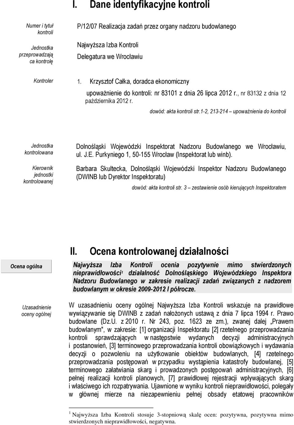 1-2, 213-214 upoważnienia do kontroli Jednostka kontrolowana Kierownik jednostki kontrolowanej Dolnośląski Wojewódzki Inspektorat Nadzoru Budowlanego we Wrocławiu, ul. J.E.