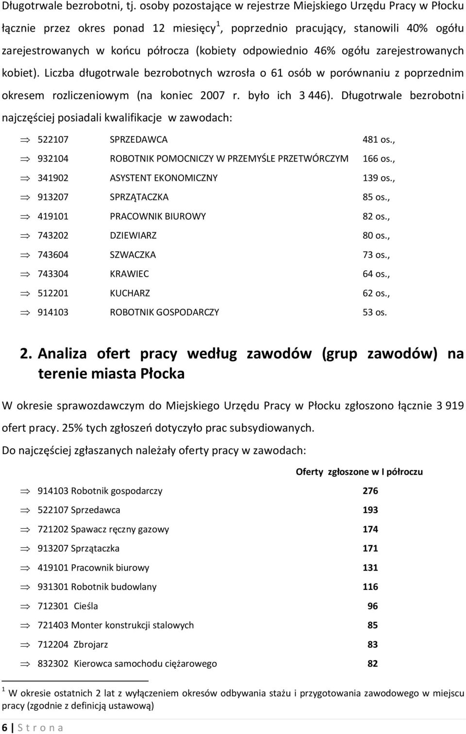 odpowiednio 46% ogółu zarejestrowanych kobiet). Liczba długotrwale bezrobotnych wzrosła o 61 osób w porównaniu z poprzednim okresem rozliczeniowym (na koniec 2007 r. było ich 3 446).