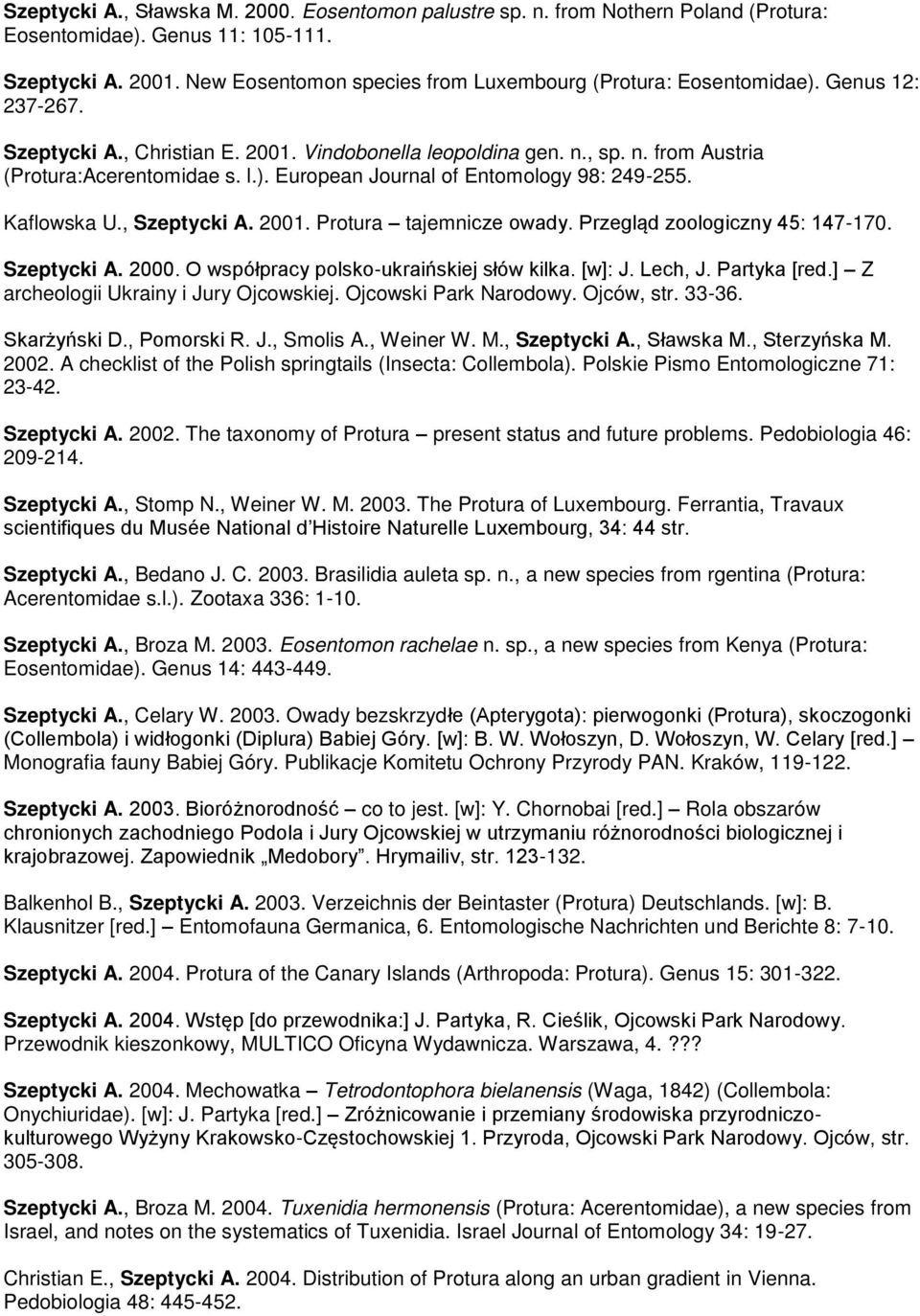 Kaflowska U., Szeptycki A. 2001. Protura tajemnicze owady. Przegląd zoologiczny 45Ś 147-170. Szeptycki A. 2000. O współpracy polsko-ukraińskiej słów kilka. [w]ś J. Lech, J. Partyka [red.