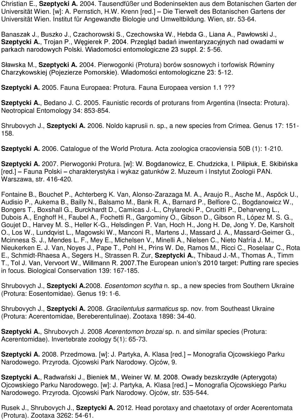 , Liana A., Pawłowski J., Szeptycki A., Trojan P., Węgierek P. 2004. Przegląd badań inwentaryzacyjnych nad owadami w parkach narodowych Polski. Wiadomo ci entomologiczne 23 suppl. 2Ś 5-56. Sławska M.