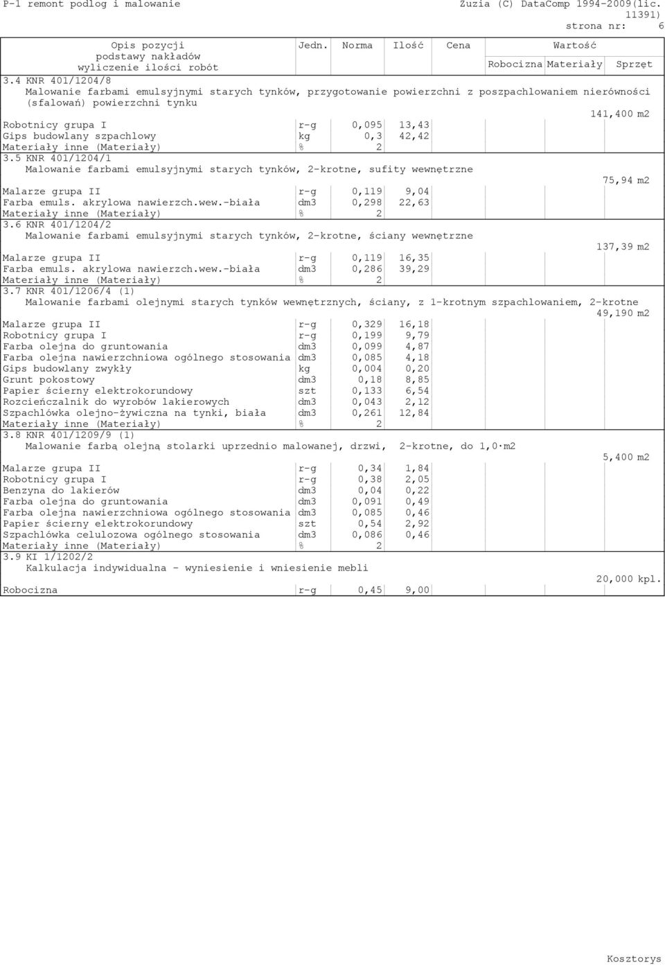 budowlany szpachlowy kg 0,3 42,42 3.5 KNR 401/1204/1 Malowanie farbami emulsyjnymi starych tynków, 2-krotne, sufity wewnętrzne 75,94 m2 Malarze grupa II r-g 0,119 9,04 Farba emuls. akrylowa nawierzch.