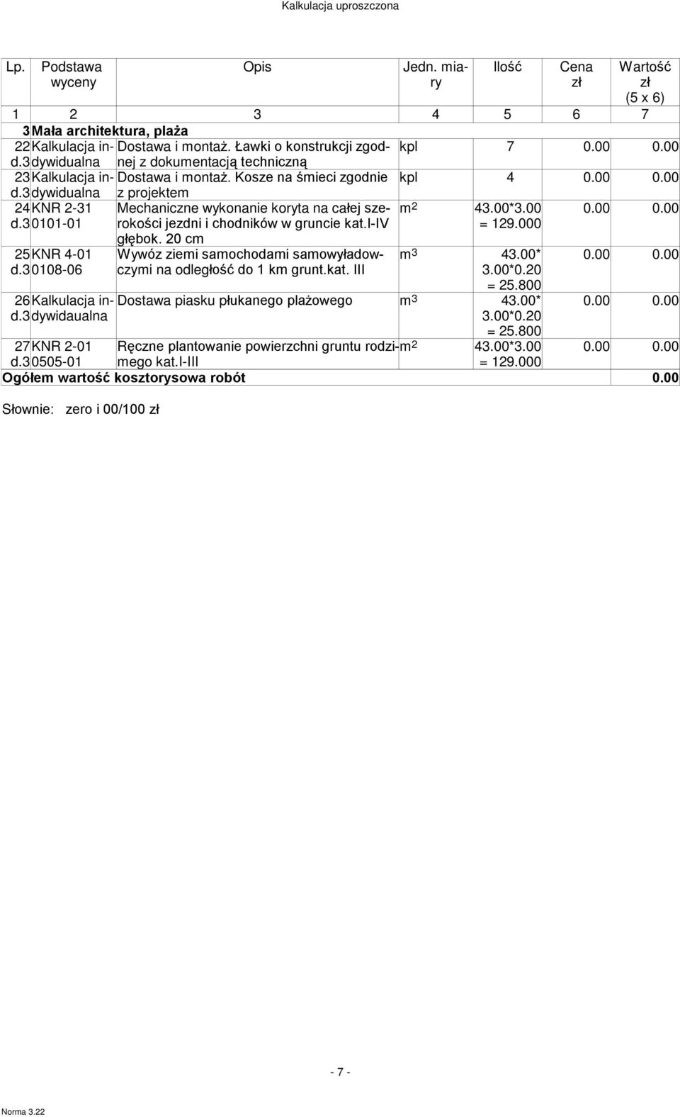 00*3.00 d.30101-01 jezdni i chodników w gruncie kat.i-iv głębok. 20 cm = 129.000 25KNR 4-01 Wywóz ziemi samochodami samowyładowczymi m 3 43.00* d.30108-06 na odległość do 1 km grunt.kat. III 3.00*0.