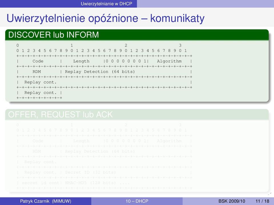 Replay cont. +-+-+-+-+-+-+-+-+ OFFER, REQUEST lub ACK 0 1 2 3 0 1 2 3 4 5 6 7 8 9 0 1 2 3 4 5 6 7 8 9 0 1 2 3 4 5  Replay cont.