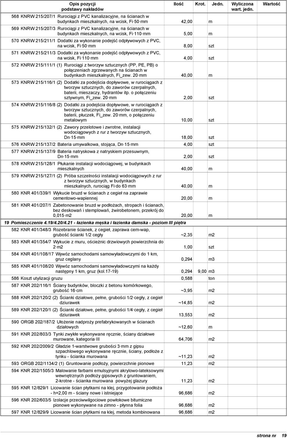 PVC, na wcisk, Fi 110 mm 4,00 szt 572 KNRW 215/111/1 (1) Rurociągi z tworzyw sztucznych (PP, PE, PB) o połączeniach zgrzewanych na ścianach w budynkach mieszkalnych, Fi_zew.