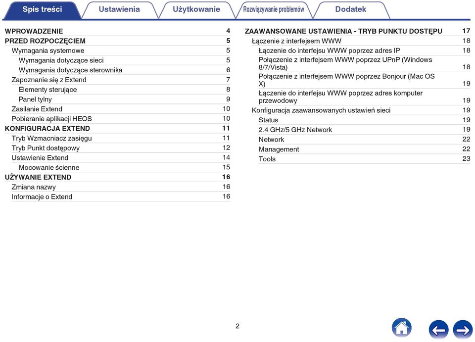 Mocowanie ścienne 15 UŻYWANIE EXTEND 16 Zmiana nazwy 16 Informacje o Extend 16 ZAAWANSOWANE USTAWIENIA - TRYB PUNKTU DOSTĘPU 17 Łączenie z interfejsem WWW 18 Łączenie do interfejsu WWW poprzez adres