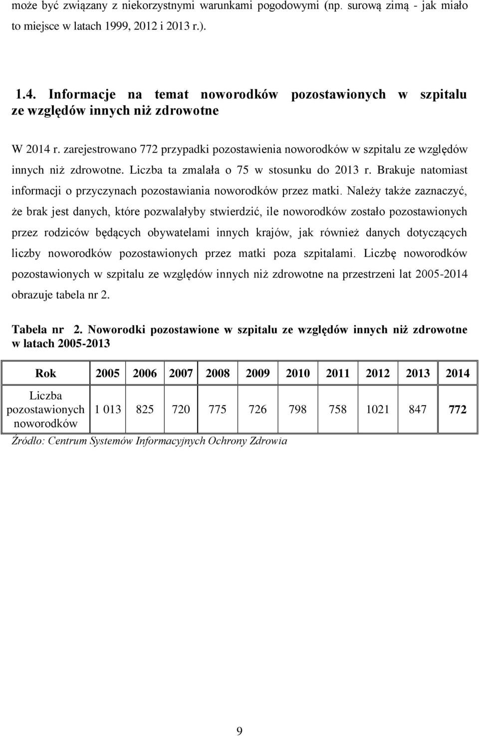 Liczba ta zmalała o 75 w stosunku do 2013 r. Brakuje natomiast informacji o przyczynach pozostawiania noworodków przez matki.