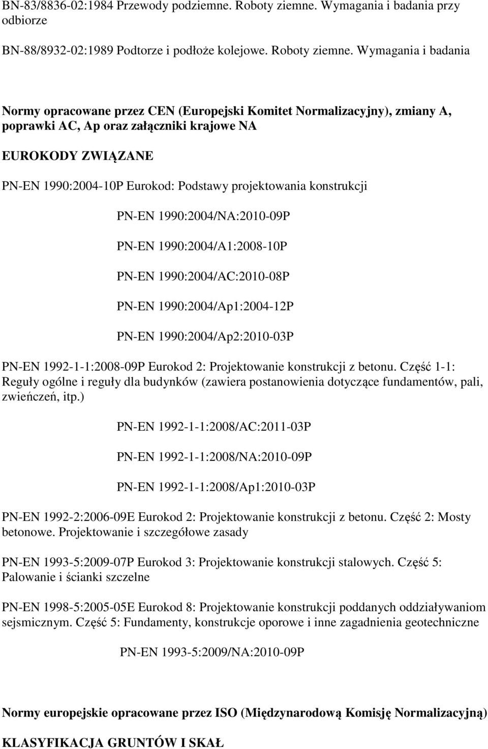 Wymagania i badania Normy opracowane przez CEN (Europejski Komitet Normalizacyjny), zmiany A, poprawki AC, Ap oraz załączniki krajowe NA EUROKODY ZWIĄZANE PN-EN 1990:2004-10P Eurokod: Podstawy