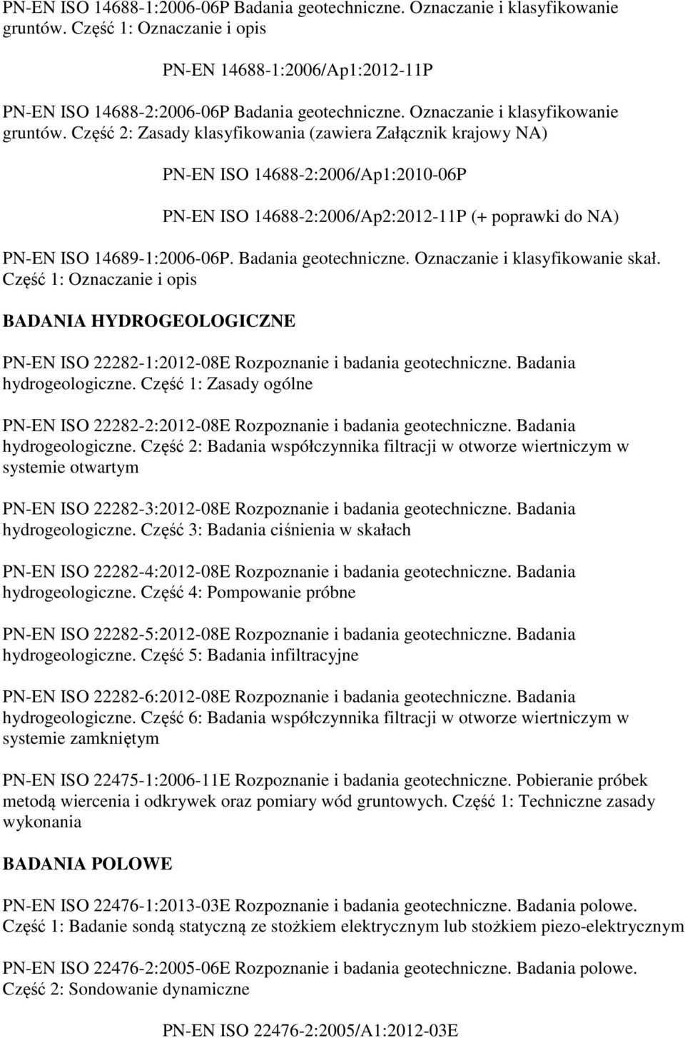 Część 2: Zasady klasyfikowania (zawiera Załącznik krajowy NA) PN-EN ISO 14688-2:2006/Ap1:2010-06P PN-EN ISO 14688-2:2006/Ap2:2012-11P (+ poprawki do NA) PN-EN ISO 14689-1:2006-06P.