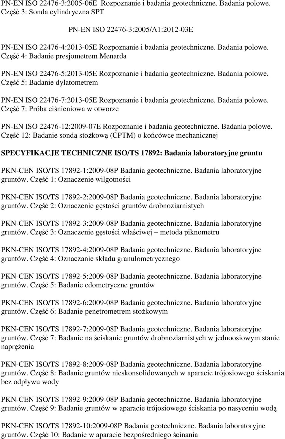 Część 4: Badanie presjometrem Menarda PN-EN ISO 22476-5:2013-05E Rozpoznanie i badania geotechniczne. Badania polowe.