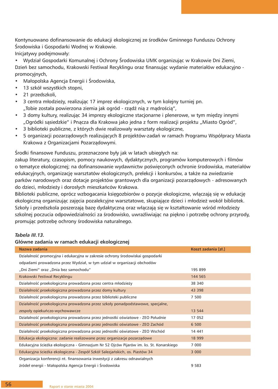 edukacyjno - promocyjnych, Małopolska Agencja Energii i Środowiska, 13 szkół wszystkich stopni, 21 przedszkoli, 3 centra młodzieży, realizując 17 imprez ekologicznych, w tym kolejny turniej pn.