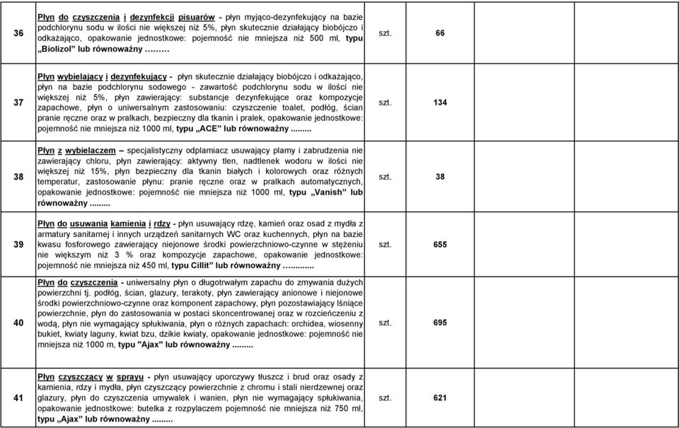 66 0 37 38 39 40 Płyn wybielający i dezynfekujący - płyn skutecznie działający biobójczo i odkażająco, płyn na bazie podchlorynu sodowego - zawartość podchlorynu sodu w ilości nie większej niż 5%,